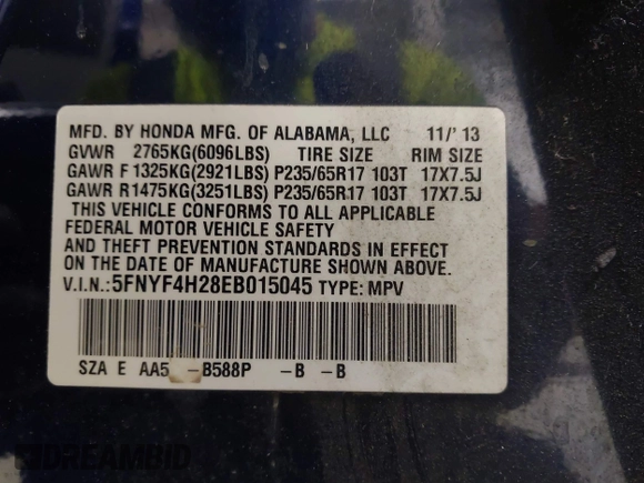 2014 Honda Pilot LX with VIN 5FNYF4H28EB015045, listed as a IAAI auction lot 40132499 with 139,845 mi miles and . Bid and sale history available at DreamBid. Image 9.