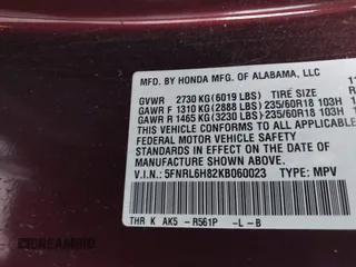 2019 Honda Odyssey Touring with VIN 5FNRL6H82KB060023, listed as a IAAI auction lot 41451199 with 82,994 mi miles. Bid and sale history available at carsss.com. Image 9.