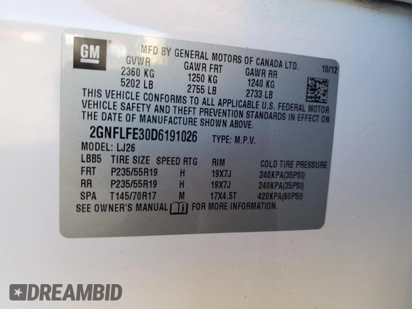 2013 Chevrolet Equinox LTZ with VIN 2GNFLFE30D6191026, listed as a Copart auction lot 87463714 with 152,920 mi miles and Salvage Title. Bid and sale history available at carsss.com. Image 12.