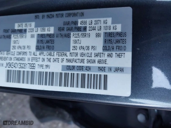 2016 Mazda CX-5 Grand Touring with VIN JM3KE4DY3G0817899, listed as a IAAI auction lot 41287459 with NaN miles. Bid and sale history available at carsss.com. Image 9.
