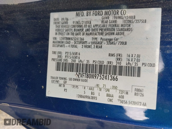 2007 Ford Mustang Deluxe z VIN 1ZVFT80N975241366, wystawiony jako IAAI lot #42408850 z przebiegiem 193 336 mil mil oraz . Historia ofert i sprzedaży dostępna na DreamBid. Obrazek 9.