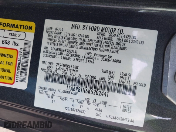 2019 Ford Mustang EcoBoost with VIN 1FA6P8TH6K5202441, listed as a IAAI auction lot 41896129 with 49,882 mi miles and . Bid and sale history available at carsss.com. Image 9.