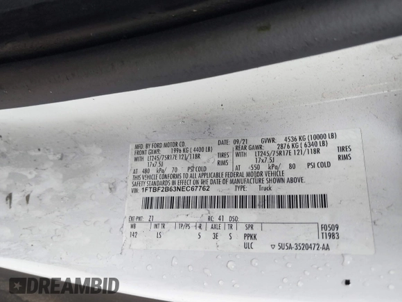2022 Ford F-250 XL with VIN 1FTBF2B63NEC67762, listed as a IAAI auction lot 41718333 with Not provided miles and . Bid and sale history available at DreamBid. Image 9.