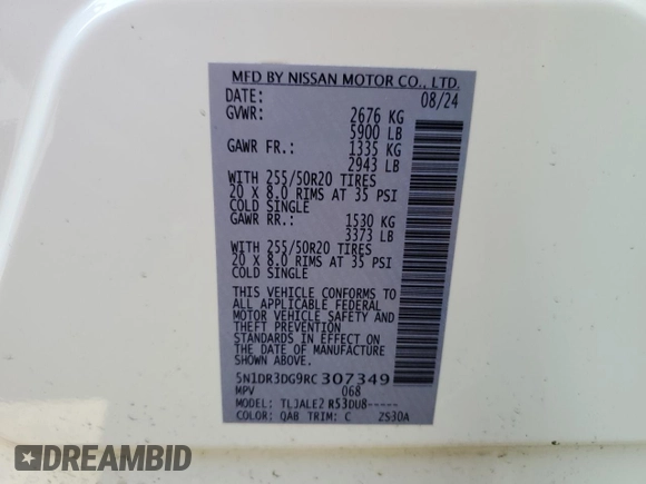 2024 Nissan Pathfinder Platinum with VIN 5N1DR3DG9RC307349, listed as a Copart auction lot 43464825 with 1,077 mi miles and Salvage title. Bid and sale history available at DreamBid. Image 14.