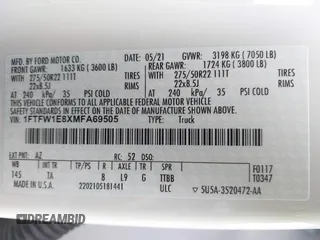 2021 Ford F-150 XL with VIN 1FTFW1E8XMFA69505, listed as a IAAI auction lot 42446323 with 58,214 mi miles and . Bid and sale history available at DreamBid. Image 9.