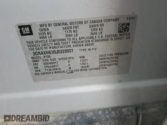 2018 Chevrolet Equinox LS with VIN 2GNAXHEV9J6220837, listed as a Copart auction lot 50612235 with 178,470 mi miles and Salvage Title. Bid and sale history available at DreamBid. Image 13.