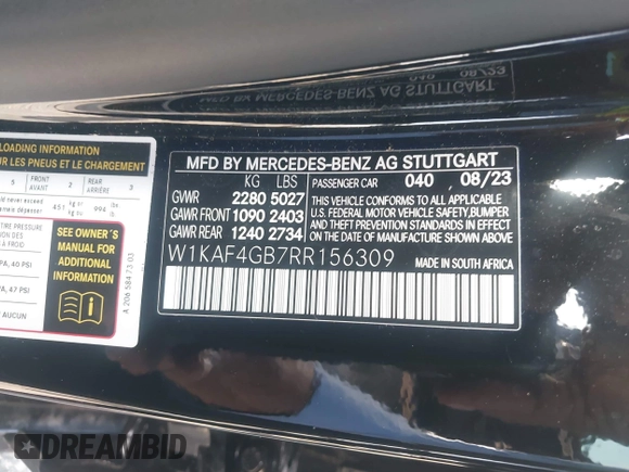 2024 Mercedes-Benz C 300 with VIN W1KAF4GB7RR156309, listed as a IAAI auction lot 42008478 with 5,350 mi miles and . Bid and sale history available at DreamBid. Image 9.
