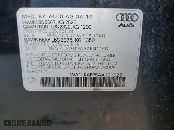 2010 Audi Q5 Premium Plus with VIN WA1LKAFP5AA101025, listed as a Copart auction lot 77333734 with 137,438 mi miles and Salvage title. Bid and sale history available at DreamBid. Image 13.