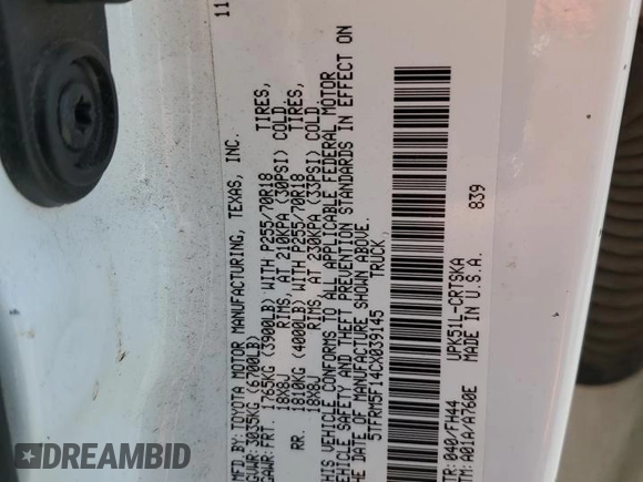 2012 Toyota Tundra with VIN 5TFRM5F14CX039145, listed as a Copart auction lot 56520015 with 129,114 mi miles and Salvage title. Bid and sale history available at DreamBid. Image 13.