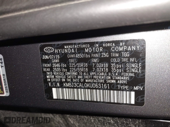2019 Hyundai Tucson Ultimate with VIN KM8J3CAL0KU063161, listed as a IAAI auction lot 41606894 with 56,037 mi miles. Bid and sale history available at carsss.com. Image 9.