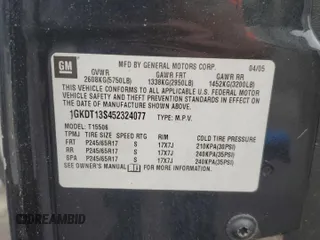 2005 GMC Envoy SLT with VIN 1GKDT13S452324077, listed as a Copart auction lot 57836195 with 299,146 mi miles and Clean title. Bid and sale history available at DreamBid. Image 13.