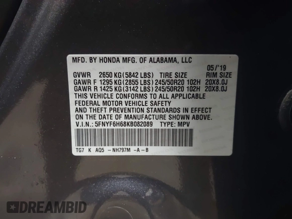 2019 Honda Pilot Touring 7-Passenger с VIN 5FNYF6H68KB082089, выставлен на аукционе IAAI как лот 42616148 с пробегом 69 913 миль миль и . История ставок и продаж доступна на DreamBid. Изображение 9.