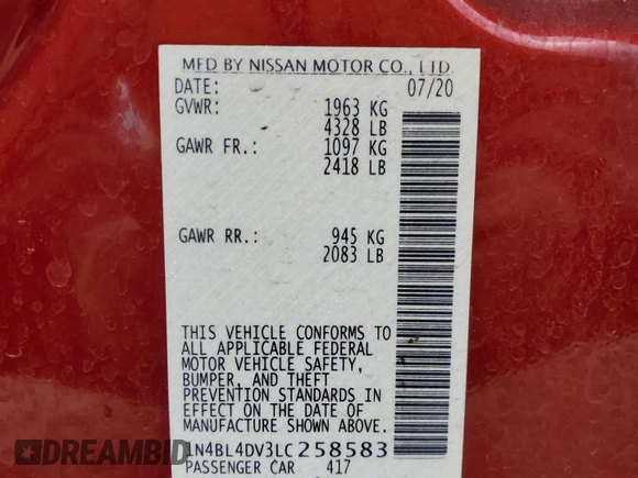 2020 Nissan Altima 2.5 SV with VIN 1N4BL4DV3LC258583, listed as a Copart auction lot 51017675 with 53,420 mi miles and Salvage Title. Bid and sale history available at carsss.com. Image 15.