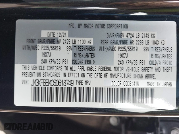 2025 Mazda CX-5 S Premium Plus with VIN JM3KFBEM0S0618749, listed as a IAAI auction lot 42011401 with 270 mi miles and . Bid and sale history available at carsss.com. Image 9.