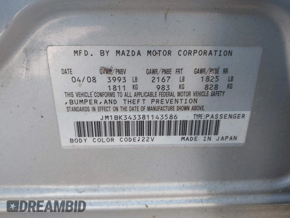 2008 Mazda 3 s Sport with VIN JM1BK343381143586, listed as a IAAI auction lot 42059625 with 148,313 mi miles. Bid and sale history available at carsss.com. Image 9.