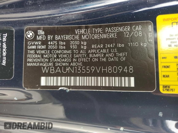 2009 BMW 1 Series 128i with VIN WBAUN13559VH80948, listed as a Copart auction lot 73012384 with 130,694 mi miles and Clean Title. Bid and sale history available at carsss.com. Image 12.