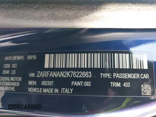 2019 Alfa Romeo Giulia with VIN ZARFANAN2K7622663, listed as a IAAI auction lot 40546831 with 999,999 mi miles. Bid and sale history available at carsss.com. Image 9.
