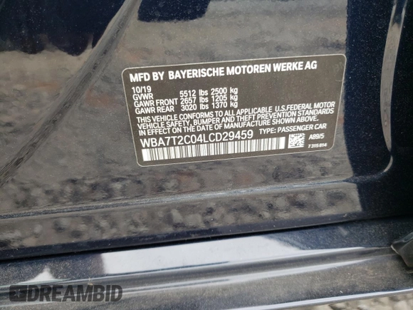 2020 BMW 7 Series 740i with VIN WBA7T2C04LCD29459, listed as a Copart auction lot 69091923 with 0 mi miles. Bid and sale history available at carsss.com. Image 12.