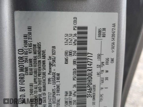 2020 Ford Fusion SE with VIN 3FA6P0HD0LR147717, listed as a Copart auction lot 55420575 with 133,646 mi miles and Salvage title. Bid and sale history available at DreamBid. Image 13.