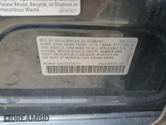 2012 Volkswagen CC Lux PZEV with VIN WVWHP7AN7CE508247, listed as a Copart auction lot 64228054 with 201,234 mi miles and Salvage Title. Bid and sale history available at carsss.com. Image 12.