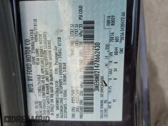 2007 Mercury Milan Premier z VIN 3MEHM02147R662430, wystawiony jako Copart lot #79922574 z przebiegiem 94 402 mil mil oraz Szkoda całkowita • Salvage title. Historia ofert i sprzedaży dostępna na DreamBid. Obrazek 12.