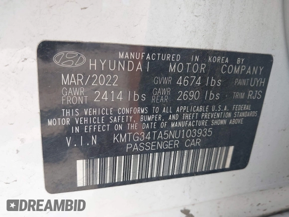 2022 Genesis G70 2.0T with VIN KMTG34TA5NU103935, listed as a IAAI auction lot 42325277 with 30,142 mi miles and . Bid and sale history available at DreamBid. Image 9.