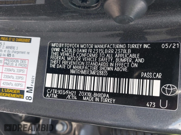 2021 Toyota C-HR LE with VIN NMTKHMBX3MR128835, listed as a IAAI auction lot 41891619 with 57,744 mi miles and . Bid and sale history available at DreamBid. Image 9.