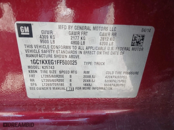 2015 Chevrolet Silverado 2500HD Built After Aug 14 High Country with VIN 1GC1KXEG1FF500025, listed as a IAAI auction lot 42042084 with 164,353 mi miles. Bid and sale history available at carsss.com. Image 9.