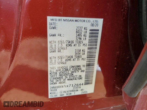 2020 Nissan Frontier SV with VIN 1N6ED0EB7LN712644, listed as a Copart auction lot 58235545 with 68,027 mi miles and Salvage title. Bid and sale history available at DreamBid. Image 12.
