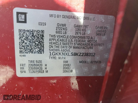 2019 GMC Acadia Denali with VIN 1GKKNXLS8KZ238312, listed as a Copart auction lot 55980115 with 57,994 mi miles and Salvage title. Bid and sale history available at DreamBid. Image 13.