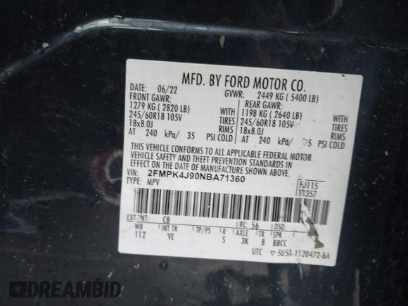 2022 Ford Edge SEL z VIN 2FMPK4J90NBA71360, wystawiony jako IAAI lot #41724316 z przebiegiem 35 309 mil mil oraz . Historia ofert i sprzedaży dostępna na DreamBid. Obrazek 9.