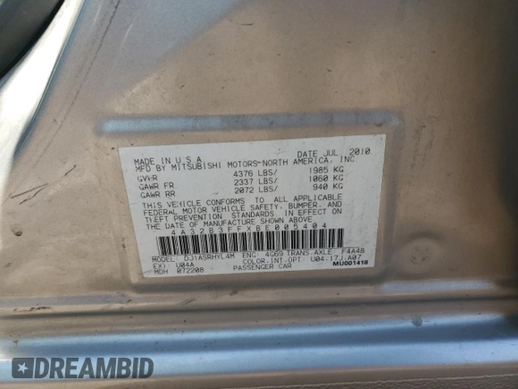 2011 Mitsubishi Galant ES with VIN 4A32B3FFXBE005404, listed as a Copart auction lot 52459125 with 95,733 mi miles and Non Repairable. Bid and sale history available at carsss.com. Image 13.