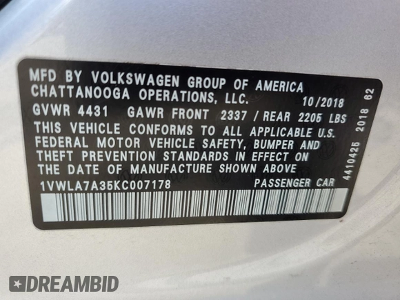 2019 Volkswagen Passat 2.0T Wolfsburg Edition with VIN 1VWLA7A35KC007178, listed as a Copart auction lot 53636645 with 11,948 mi miles and Salvage Title. Bid and sale history available at carsss.com. Image 12.