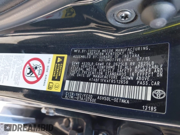 2015 Toyota Camry XLE with VIN 4T4BF1FK4FR512658, listed as a IAAI auction lot 41419793 with 91,741 mi miles. Bid and sale history available at carsss.com. Image 9.