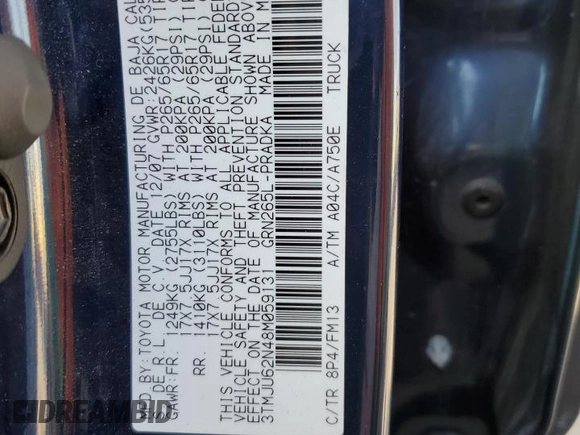 2008 Toyota Tacoma PreRunner with VIN 3TMJU62N48M059131, listed as a Copart auction lot 60751455 with 125,672 mi miles and Salvage title. Bid and sale history available at DreamBid. Image 12.