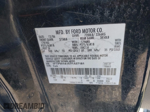 2007 Ford F-150 XLT with VIN 1FTPW14V57FA57181, listed as a IAAI auction lot 42038875 with 188,117 mi miles and . Bid and sale history available at carsss.com. Image 9.