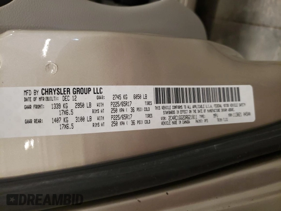 2013 Chrysler Town & Country Limited with VIN 2C4RC1GG2DR621811, listed as a Copart auction lot 54130625 with 178,412 mi miles and Salvage Title. Bid and sale history available at carsss.com. Image 13.