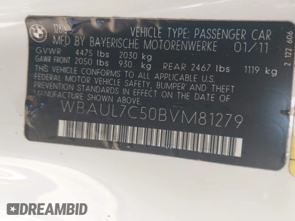 2011 BMW 1 Series 128i with VIN WBAUL7C50BVM81279, listed as a IAAI auction lot 42762091 with 193,062 mi miles and . Bid and sale history available at DreamBid. Image 9.