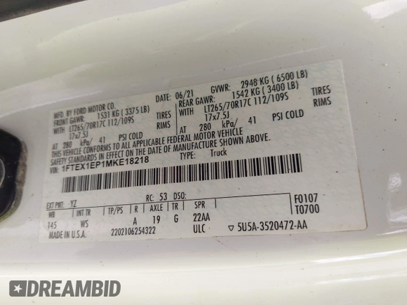 2021 Ford F-150 XL with VIN 1FTEX1EP1MKE18218, listed as a IAAI auction lot 42705266 with 83,041 mi miles and . Bid and sale history available at DreamBid. Image 9.