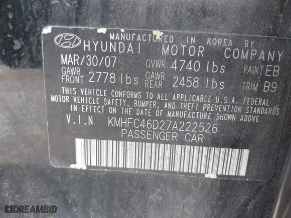 2007 Hyundai Azera GLS with VIN KMHFC46D27A222526, listed as a IAAI auction lot 41222828 with 178,845 mi miles. Bid and sale history available at carsss.com. Image 9.