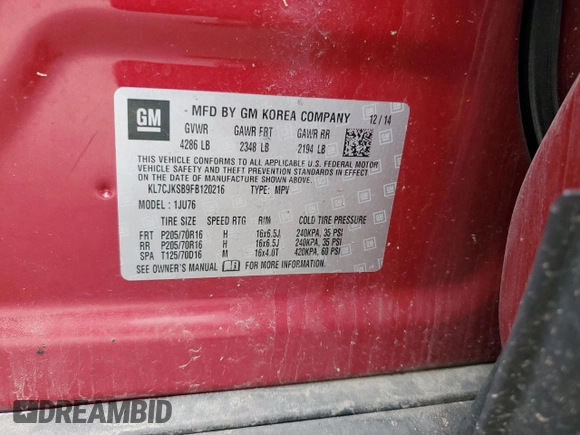 2015 Chevrolet Trax LS with VIN KL7CJKSB9FB120216, listed as a Copart auction lot 52504455 with 97,192 mi miles and Clean Title. Bid and sale history available at carsss.com. Image 12.