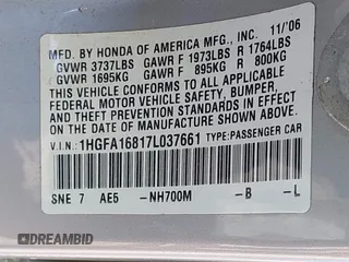 2007 Honda Civic EX with VIN 1HGFA16817L037661, listed as a IAAI auction lot 42136893 with 208,613 mi miles and . Bid and sale history available at DreamBid. Image 9.
