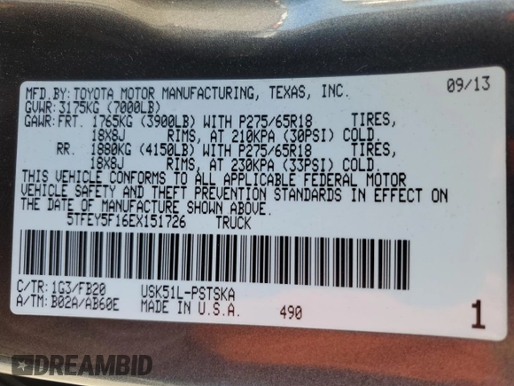 2014 Toyota Tundra SR5 z VIN 5TFEY5F16EX151726, wystawiony jako Copart lot #49416125 z przebiegiem 135 642 mil mil oraz Szkoda całkowita • Salvage title. Historia ofert i sprzedaży dostępna na DreamBid. Obrazek 14.