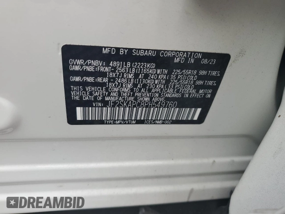 2023 Subaru Forester Limited z VIN JF2SKAPC8PH549760, wystawiony jako Copart lot #58926335 z przebiegiem 11 009 mil mil oraz Szkoda całkowita • Salvage title. Historia ofert i sprzedaży dostępna na DreamBid. Obrazek 13.