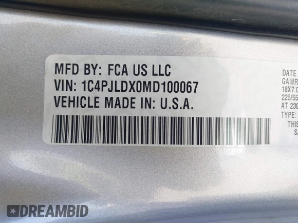 2021 Jeep Cherokee Limited with VIN 1C4PJLDX0MD100067, listed as a IAAI auction lot 42273029 with 84,579 mi miles and . Bid and sale history available at DreamBid. Image 9.