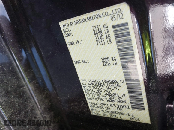 2012 Nissan Maxima SV с VIN 1N4AA5AP9CC853001, выставлен на аукционе IAAI как лот 37522786 с пробегом Не указан миль и . История ставок и продаж доступна на DreamBid. Изображение 9.