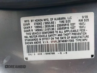 2006 Honda Odyssey EX-L with VIN 5FNRL38746B017069, listed as a IAAI auction lot 42124194 with 1 mi miles. Bid and sale history available at carsss.com. Image 9.