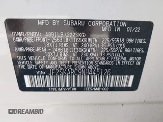 2022 Subaru Forester Touring with VIN JF2SKARC9NH445126, listed as a IAAI auction lot 42350111 with 61,998 mi miles and . Bid and sale history available at DreamBid. Image 9.