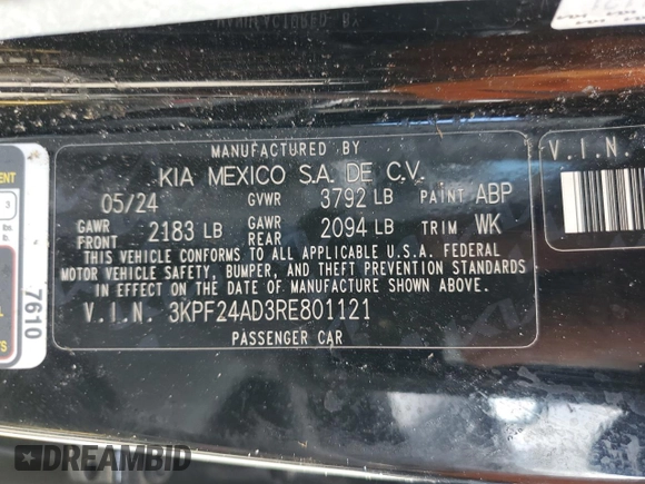 2024 Kia Forte LXS with VIN 3KPF24AD3RE801121, listed as a Copart auction lot 50803295 with 12,685 mi miles and Salvage Title. Bid and sale history available at carsss.com. Image 12.