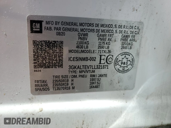 2020 GMC Terrain SLE with VIN 3GKALTEV7LL321871, listed as a Copart auction lot 56484745 with Not provided miles and Salvage title. Bid and sale history available at DreamBid. Image 13.